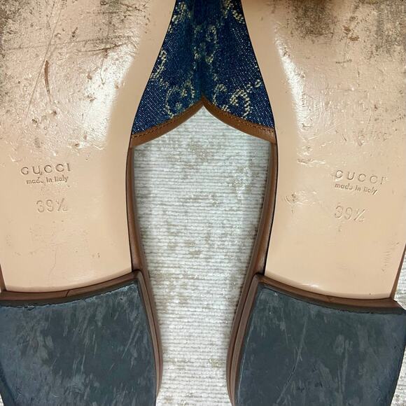 Gucci Jolie Double G Denim Logo & Cognac Leather Slides - Picture 12 of 13